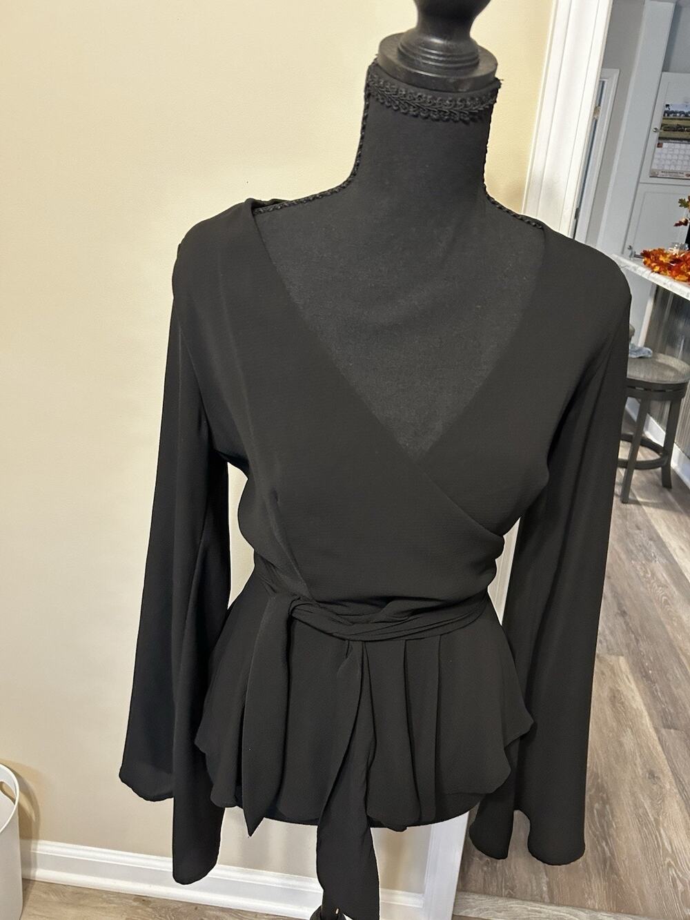 Akira Women’s Sm Black Wrap-Front Peplum Coquette Blouse